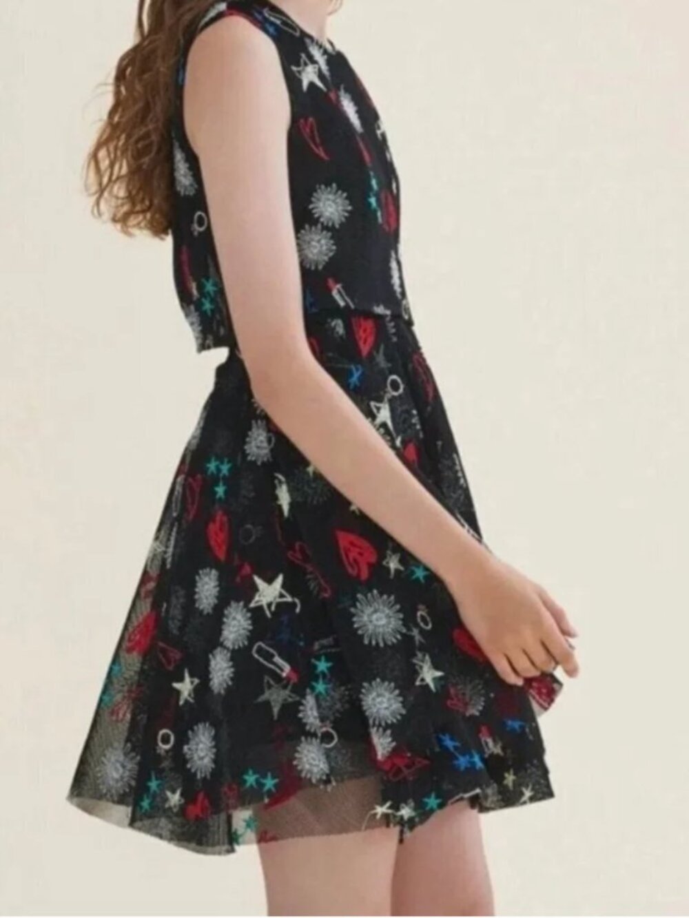 Maje Rachel Black Mesh Mini Dress - Embroidered Hearts & Lipsticks, Size S small